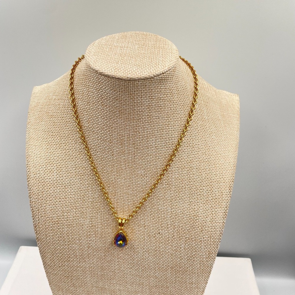 Gold-Tone Round Chain Rainbow-Colored Volcano Crystal Teardrop Pendant Necklace